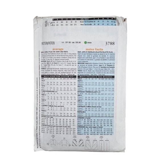 Butterick Sewing Pattern 3788 Top Skirt Pants Plus Size Girls Size 7-14 - Picture 2 of 2